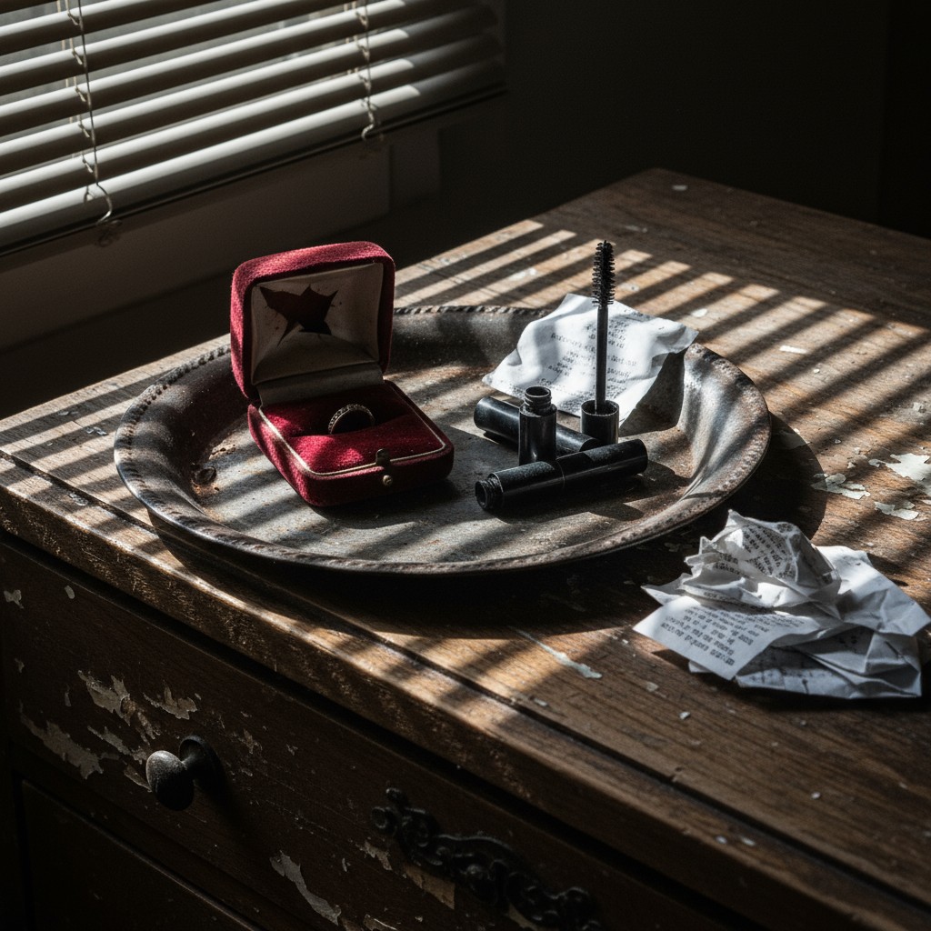 An abandoned jewelry box and a broken pairing consist of a checklist, a mascara brush, and receipt on a ripped lip board o...