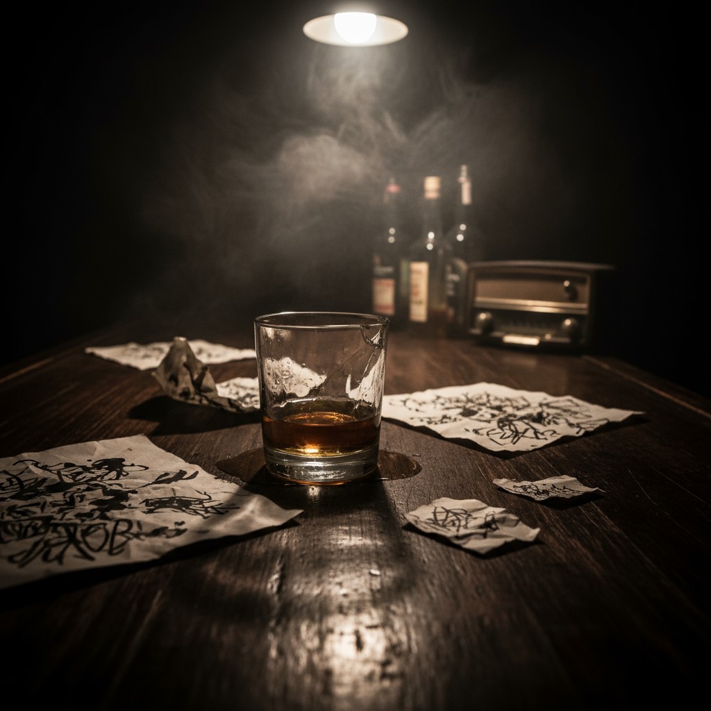 An empty glass of whiskey on a dimly lit table with crumpled pieces of paper strewn across the surface.