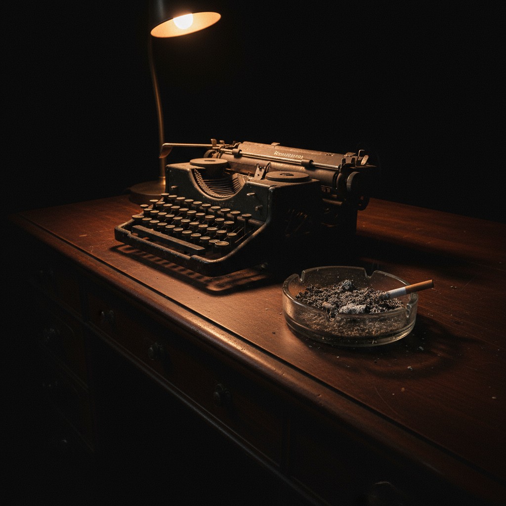 Old typewriter on a wooden desk with a cigarette ashtray and a lamp. sneakier edit than the original: 'black-lettered type...