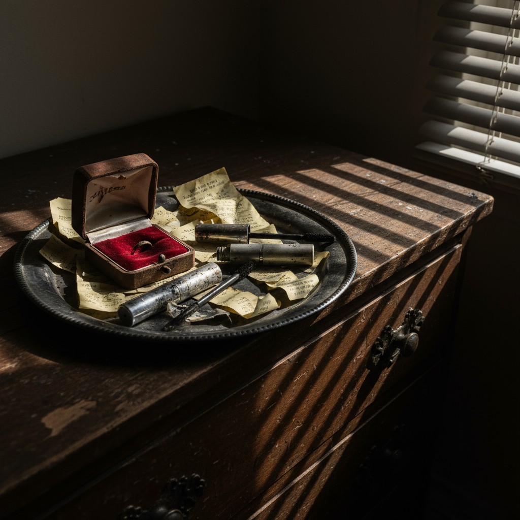 Antique relics, scattered on a worn wooden dresser, bathed in the warm glow of sunlight streaming through lifted blinds.