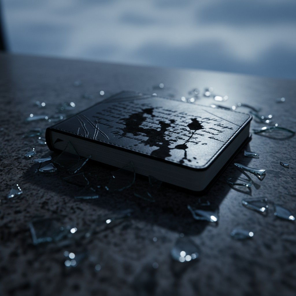 Image description: An open black leather-bound book lies on a temple floor, amidst shattered glass pieces and in the dark ...