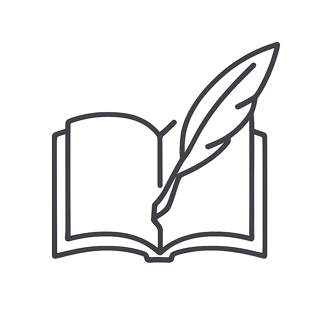 A simple outline drawing of an open book with a feather quill pen inside.